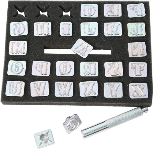 Miniatura 3 de Kit de 27 piezas de punzón estándar de cuero del alfabeto, 26 sellos del alfabeto de 3/4 pulgadas (0.748 in) y 1 mango de estampado