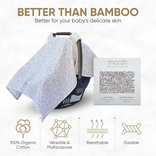 Miniatura 6 de MOZAH Funda de asiento de coche para bebé, hojas beige, 100% muselina orgánica, suave, transpirable y ligera, esencial para asiento de automóvil