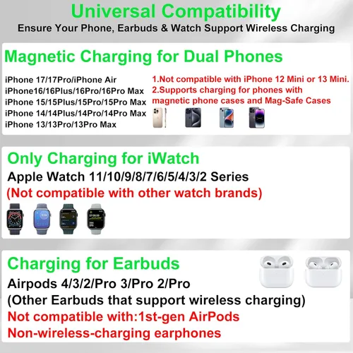 Miniatura 2 de Estación de carga inalámbrica de teléfono doble para dispositivos Apple, estación de carga magnética para iPhone con interruptor automático de luz