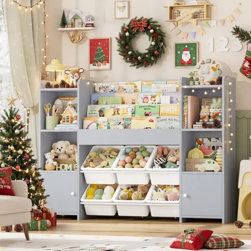 Miniatura 4 de FINETONES Organizador de almacenamiento de juguetes con 6 cubos de juguetes, organizador de juguetes para niños con 6 cubículos, organizadores