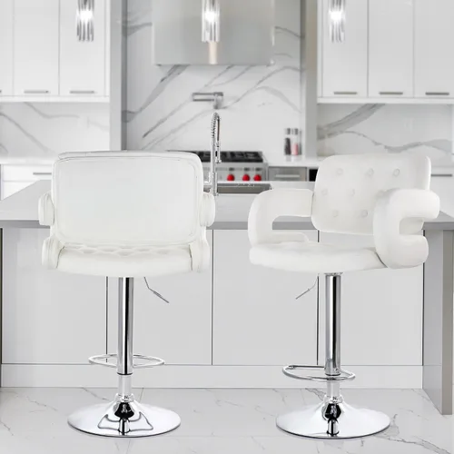 Miniatura 2 de Elama Taburete de bar moderno de piel sintética con base giratoria cromada y altura ajustable