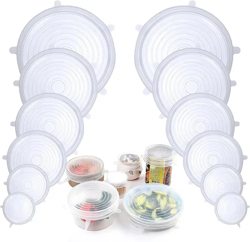 Tapas elásticas de silicona, paquete de 12 tapas de silicona reutilizables para almacenamiento de alimentos, cubiertas de silicona sin BPA para