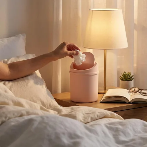 Miniatura 6 de Bote de basura de plástico de 2 L con tapa giratoria, pequeño cubo de basura con tapa giratoria, color rosa