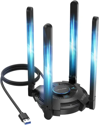 Adaptador WiFi USB para PC de escritorio, WAVLINK Tri-Band BE6500 WiFi 7 adaptador con antenas de alta ganancia de 2.4 GHz/5 GHz/6 GHz, WPA3, MLO y