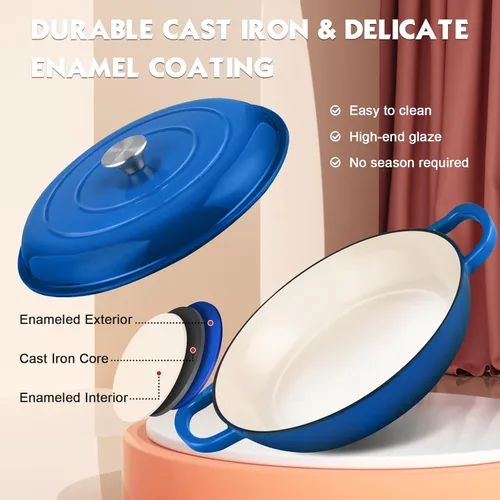 Miniatura 3 de Overmont Horno holandés de hierro fundido esmaltado, olla holandesa de 3.8 cuartos de galón con tapa, sartén poco profunda para estofar, cacerola
