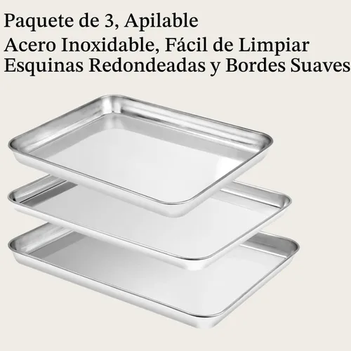 Miniatura 3 de Juego de bandejas para hornear de 3 piezas, bandejas para hornear de acero inoxidable resistentes, hojas para galletas y bandejas de cocina