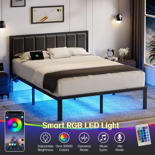 Miniatura 3 de OLEVS Marco de cama Queen con cabecero, cama de plataforma de metal tamaño Queen con estación de carga USB y luces LED, no necesita somier