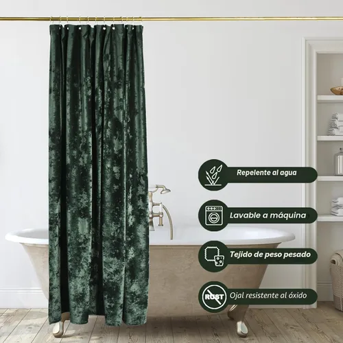 Miniatura 4 de TAMGHO Cortina de ducha de terciopelo triturado, cortina de ducha de lujo verde oscuro con ganchos de metal dorado Decro, lavable a máquina, cortina