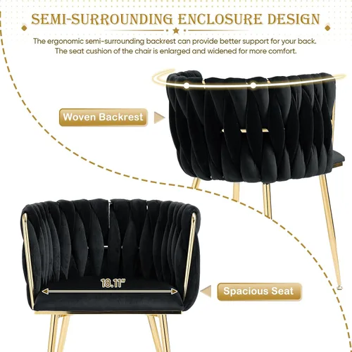 Miniatura 5 de Juego de 2 sillas de comedor tapizadas de terciopelo, sillas modernas para sala de estar con respaldo tejido y patas de metal dorado, silla auxiliar
