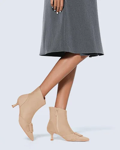 Miniatura 3 de Coutgo Botines de tacón de gatito para mujer, puntera puntiaguda, cremallera lateral, hebilla cuadrada, botines de invierno