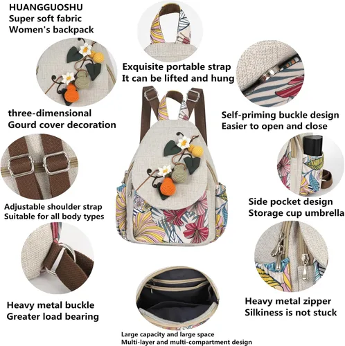 Miniatura 173 de HUANGGUOSHU Mochila de algodón tejida de algodón bohemio con bordado de lona estilo bohemio con múltiples bolsillos retro linda mochila cartera