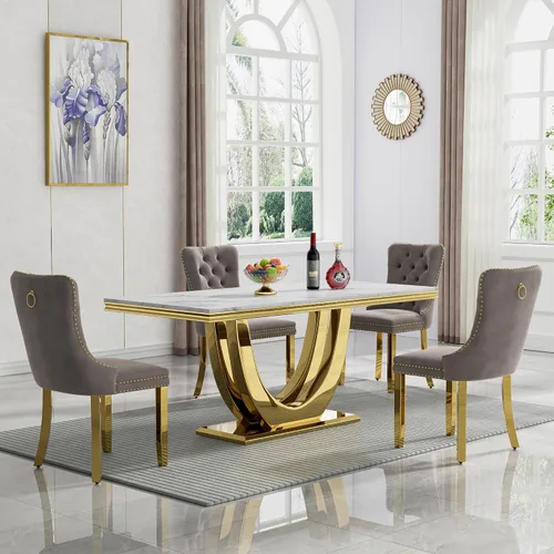 Miniatura 20 de Juego de mesa de comedor de mármol sintético, 7 piezas, juego de mesa de cocina y comedor para 6, mesa de comedor rectangular blanca de 70 pulgadas