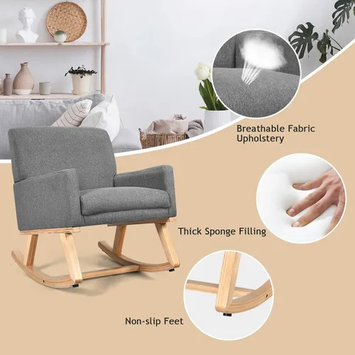 Miniatura 7 de S AFSTAR Mecedora, silla tapizada de tela con marco de madera resistente y asiento acolchado, sillón moderno para sala de estar (beige)