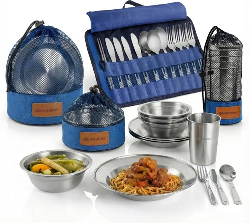 Miniatura 7 de Wealers - Juego completo de vajilla viajera de acero inoxidable pulido, vajilla para campamento o para bufet. Incluye vasos, platos, tazones, Verde