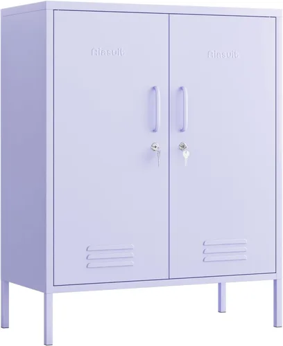 Miniatura 11 de Armario de almacenamiento de metal con cerradura de 2 puertas, 3 niveles, resistente, multifuncional con estantes extraíbles, fácil montaje, ideal