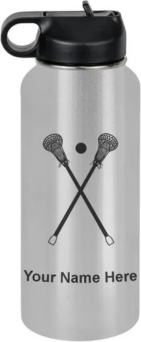 Miniatura 76 de LaserGram Botella de agua personalizada, palitos de lacrosse, acero inoxidable de doble pared aislada al vacío con popote superior, regalo grabado