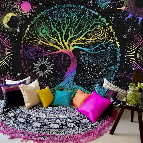 Miniatura 2 de AACKart Tapiz de luz negra para dormitorio - Tapiz espiritual del árbol de la vida que brilla en la oscuridad para colgar en la pared 59.1 x 51.2