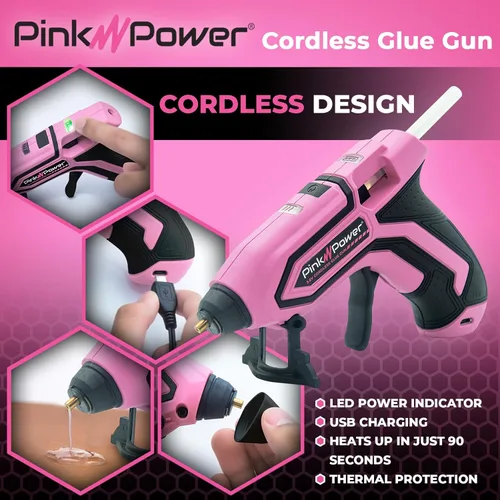 Miniatura 5 de Pink Power Mini kit de pistola de pegamento caliente inalámbrica con soporte, 20 varillas, funciona con pilas, inalámbrico, calentamiento rápido