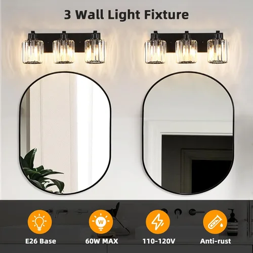 Miniatura 8 de 3 luces de cristal para tocador de baño, moderna lámpara de baño negra sobre espejo, luces de tocador para dormitorio, baño, pasillo, base E26