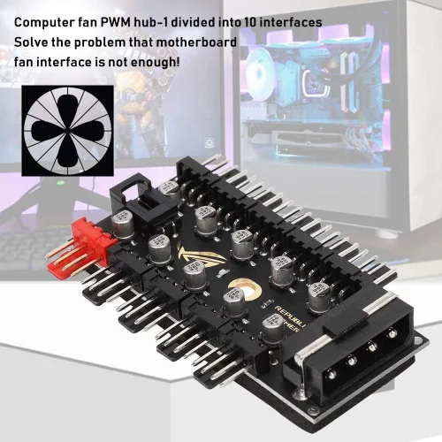 Miniatura 3 de Hub de ventilador de chasis de 4 pines, control de cable de ventilador de carcasa de PC de 10 puertos, divisor de controlador PWM, concentrador