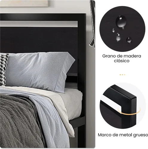 Miniatura 4 de SHA CERLIN Base de cama tamaño Queen con cabecera moderna, base de metal de plataforma resistente con estribo cuadrado y soporte de 13 listones Negro