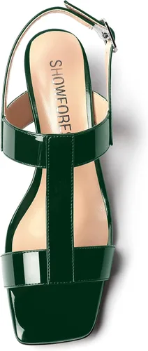 Miniatura 3 de SHOWFOREST Women's Solid Adjustable Strap Patent Outdoor Buckle Square Toe Casual Chunky Low Heel Heeled Sandals 1.5 Inch