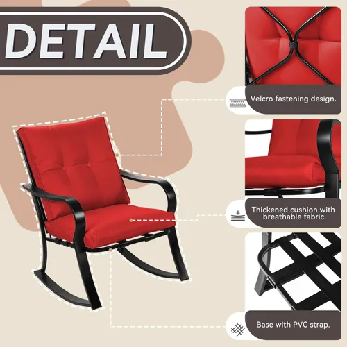 Miniatura 6 de Juego de 3 sillas mecedoras para exteriores, juego de muebles de patio, mesa de centro con tapa de vidrio y sillas de hierro negro con cojines Rojo