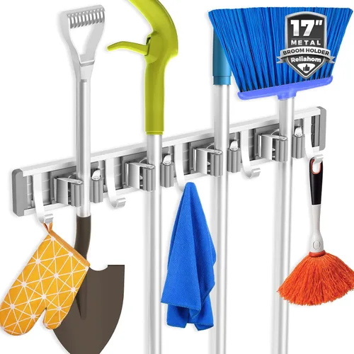 Miniatura 7 de reliahom Soporte de Pared para Escobas y Fregonas Soporte Montado en Pared para Garaje Organizador de Almacenamiento para Cocina y Jardín Negro