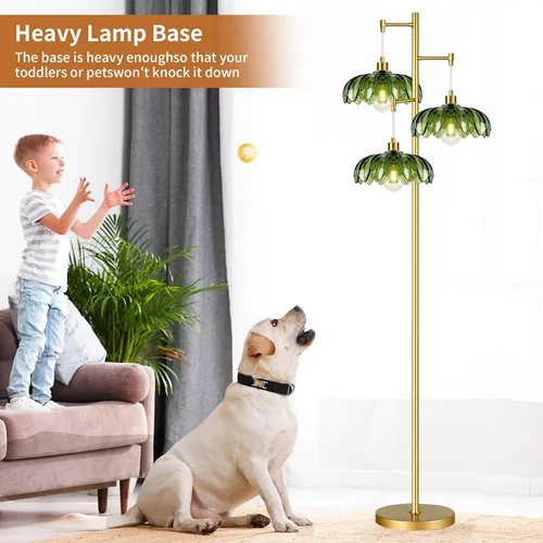Miniatura 3 de Lámparas de pie doradas para sala de estar lámpara de pie vintage con forma de L de vidrio y tres bombillas led, lámpara de pie verde de latón