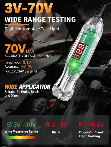Miniatura 2 de Luz de prueba automotriz, probador de fusibles de automóvil, probador de voltaje digital LED de 3-70 V con voltímetro, indicador de polaridad