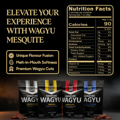 Miniatura 2 de Five Star Wagyu Beef Jerky - Ajo y Hierba + Pimienta Variedad Paquete de 2 (4 onzas)