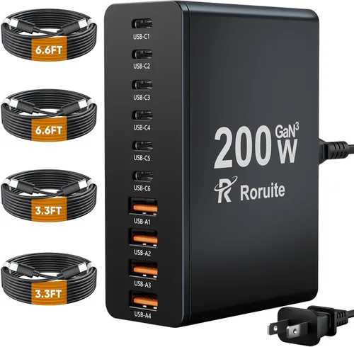 Estación de carga USB C de 10 puertos con 4 cables USB, bloque de cargador GaN tipo C de 200W, adaptador de enchufe de regleta de alimentación de