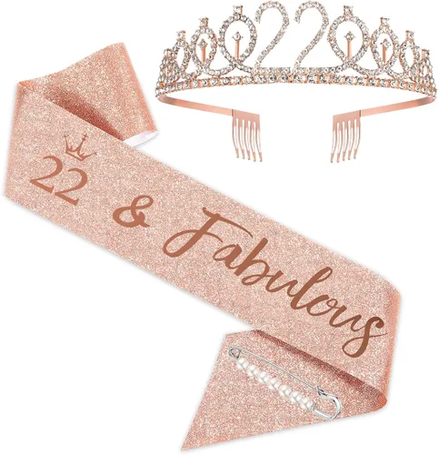 BRT Bearingshui Juego de banda y tiara de cumpleaños número 22 para niñas, corona de oro rosa y fabulosos suministros de recuerdo de fiesta