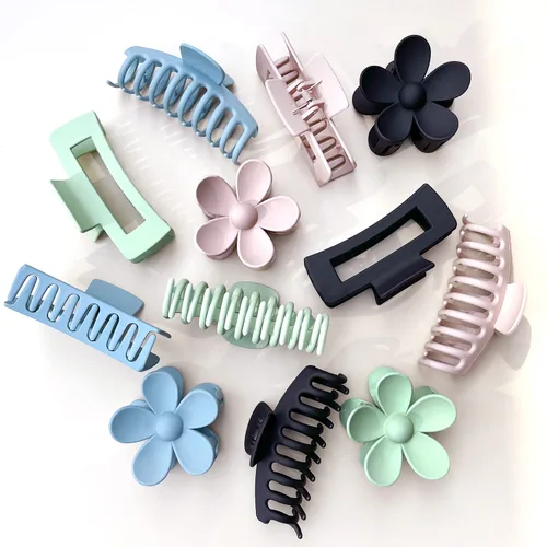 Miniatura 6 de Pinzas Grandes para Cabello Tipo Garra, Paquete de 12, Pinzas para Cabello con Flores para Cabello Fino, Grande Cuadrado Mate Sujeción Fuerte