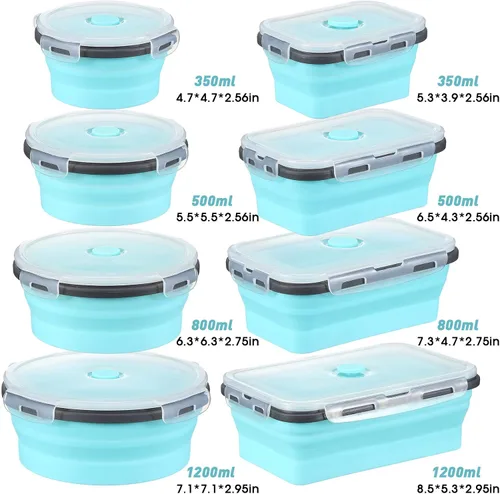 Miniatura 2 de Zopeal - 8 recipientes plegables de almacenamiento de alimentos de silicona con tapas, 4 tazones plegables de silicona rectangulares y 4 cuencos Azul