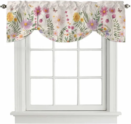 YOKOU Cenefa de cortina con lazo, hojas de flores, acuarela floral, vintage, botánico, corto con bolsillo para barra, cortinas ajustables para