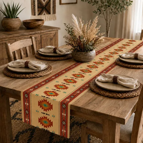 Miniatura 194 de Camino de mesa étnico del suroeste, navajo tribal nativo americano, bohemio, patrón geométrico azteca, camino de mesa para cocina, mesa de comedor