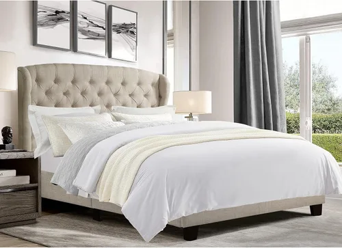 Miniatura 14 de Rosevera Marcelle - Marco de cama con respaldo de alas con cabecera ajustable de diseño distintivo, tapizado con botones para dormitorio, soporte