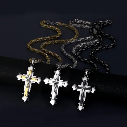 Miniatura 6 de Collar con colgante de cruz de Jesucristo grande de acero inoxidable, joyería religiosa para hombres, cadena de 24 pulgadas, color plataoronegro
