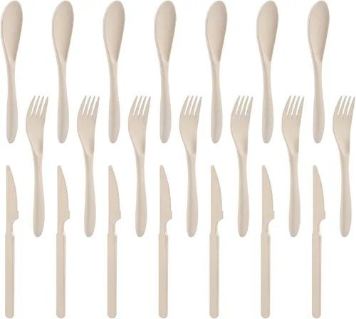 Juego de cubiertos de paja de trigo de 21 piezas, utensilios reutilizables para 7, utensilios irrompibles y ligeros para fiestas, viajes, trabajo,