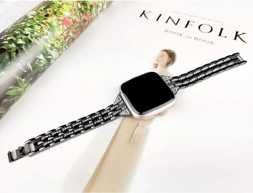 Miniatura 5 de Bandas compatibles con Fitbit Versa 2/Versa Lite/Versa, pulsera de repuesto con diamantes de imitación de metal para mujer, color negro