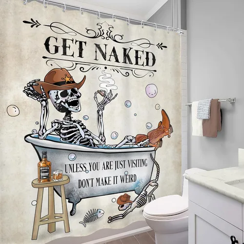 Miniatura 2 de Cortina de ducha de esqueleto de calavera de vaquero occidental, divertida, gótica de Texas, espeluznante, única hueso mexicano en la bañera