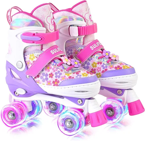 SULIFEEL Rainbow Unicorn - Patines ajustables de 4 tamaños para niñas y niños de 3-5, 5-8, 6-12 años, patines para interiores y exteriores H Floral