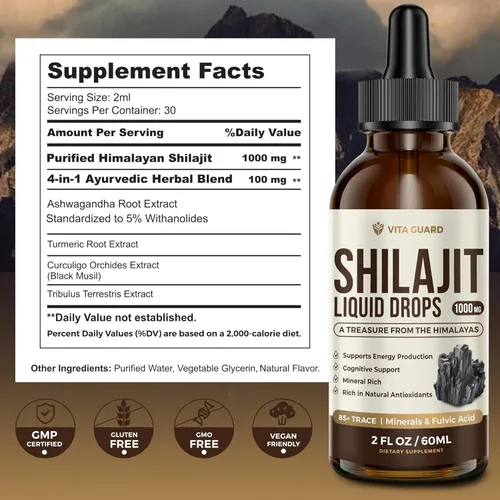Miniatura 3 de Gotas líquidas Shilajit del Himalaya, 1000 mg de energía e inmunidad con más de 85 oligoelementos y ácido fúlvico, suplemento de fuerza, vitalidad