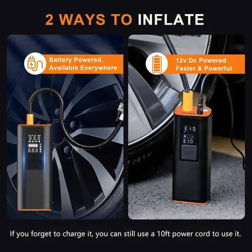 Miniatura 2 de Inflador de neumáticos Compresor de aire portátil para bicicleta, coche, motocicleta (con cable de carga de coche)