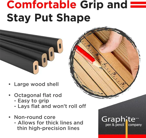 Miniatura 6 de GRAPHITE Lápices de Carpintero de Mina Dura a Granel - (1) Paquete de 12 Piezas Lápiz de Madera para Construcción #2 (HB) - Negro