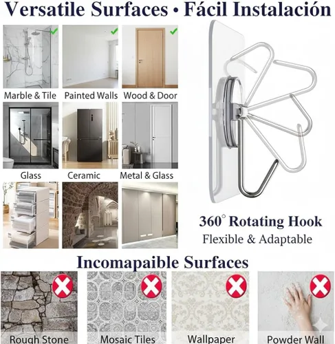 Miniatura 6 de Ganchos de pared adhesivos resistentes, acero inoxidable transparente, paquete de 12 – carga máxima de 24 libras, ganchos reutilizables impermeables