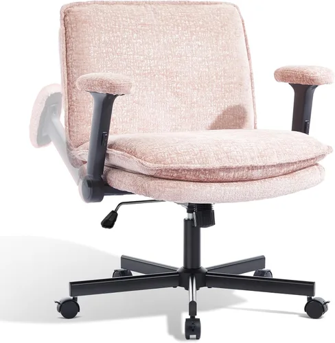 Miniatura 11 de Silla Cruzada con Brazos Abatibles y Ruedas con Bloqueo, Silla de Escritorio de Oficina de Tela de Felpa con Patas Cruzadas, Silla Giratoria de Negro