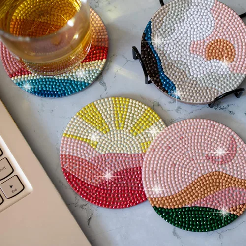 Miniatura 7 de Temlum 6 Piezas de Posavasos de Pintura de Diamantes con Soporte, Posavasos de Arte de Diamante de Paisaje Abstracto, Kits Pequeños de Pintura