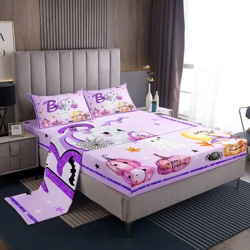 Miniatura 3 de Juego de sábanas Kawaii de fantasma, tamaño individual, juego de ropa de cama morado de Halloween de 3 piezas para decoración de habitación de niños